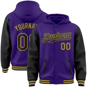 Custom Purple Black-Old Gold Bomber Full-Snap Varsity Letterman Two Tone Hoodie Jacket