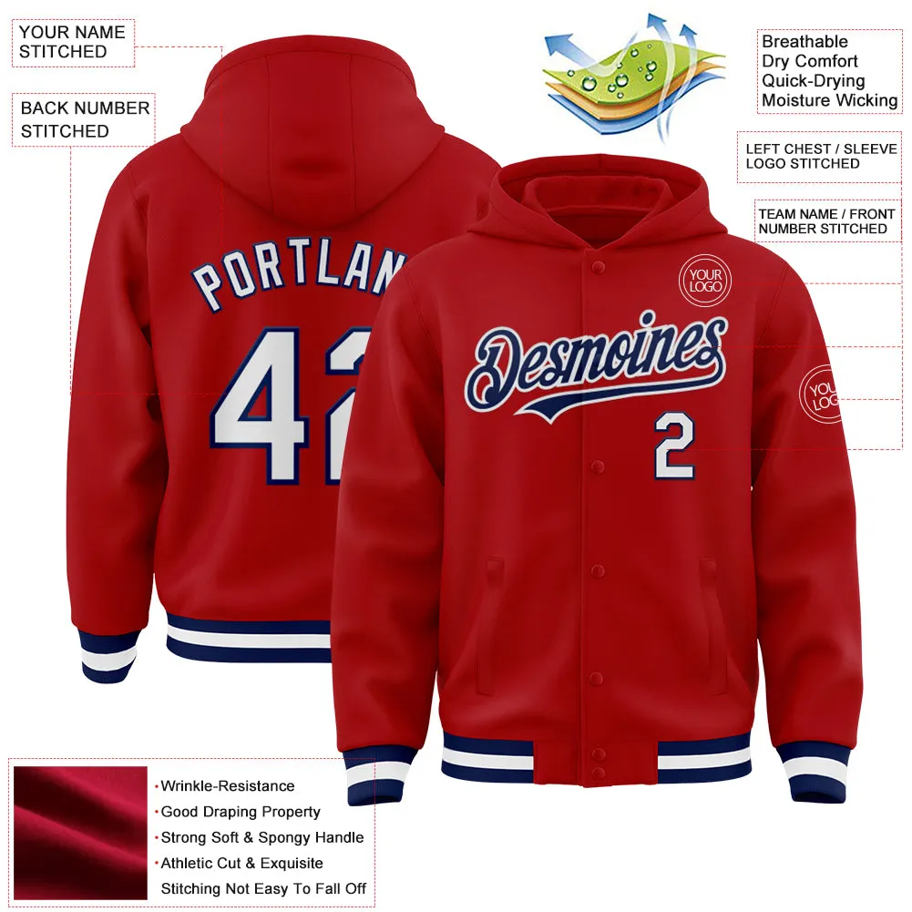 Custom Red White-Navy Bomber Full-Snap Varsity Letterman Hoodie Jacket