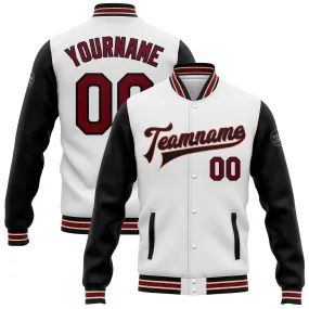 Custom White Crimson Black-City Cream Bomber Full-Snap Varsity Letterman Two Tone Jacket