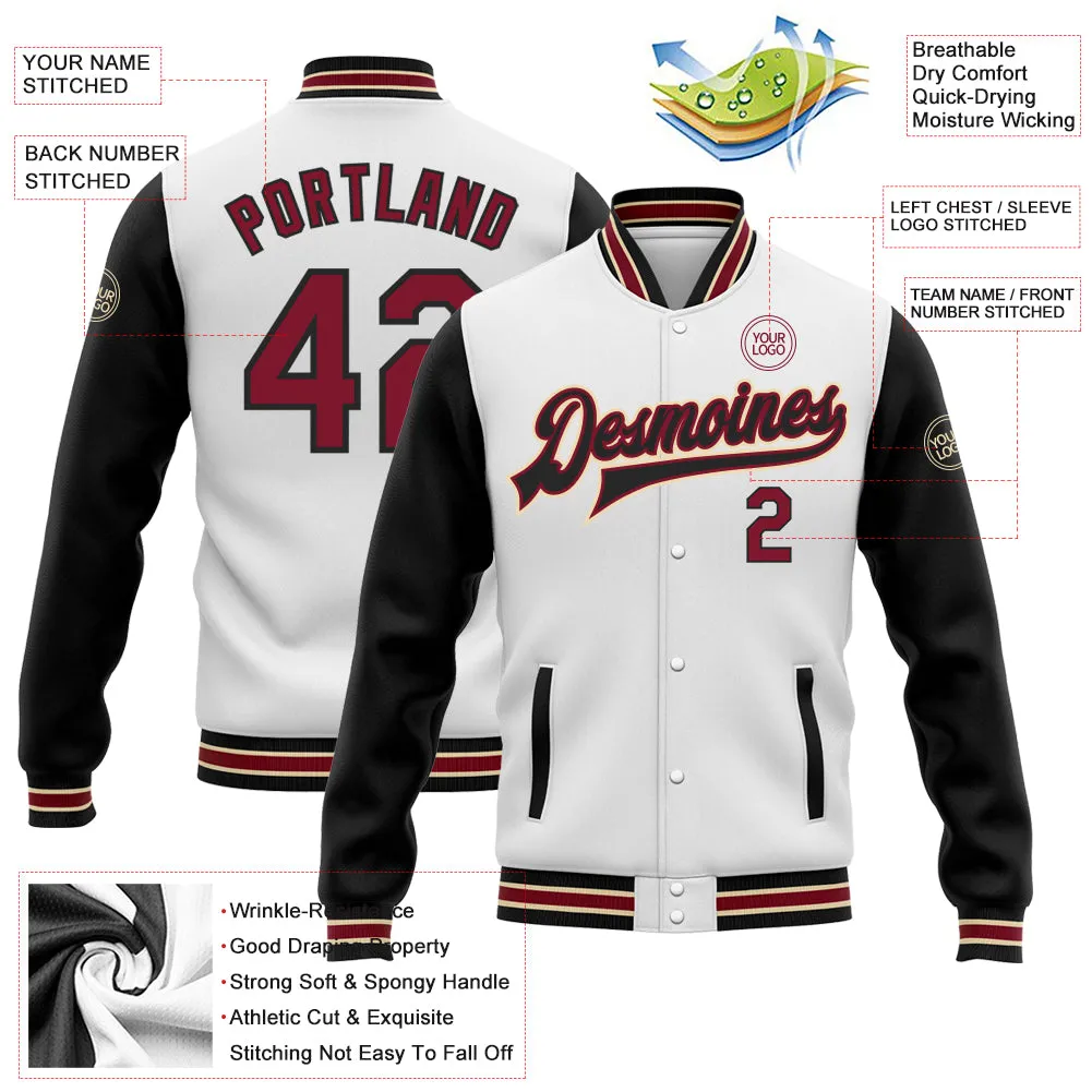 Custom White Crimson Black-City Cream Bomber Full-Snap Varsity Letterman Two Tone Jacket