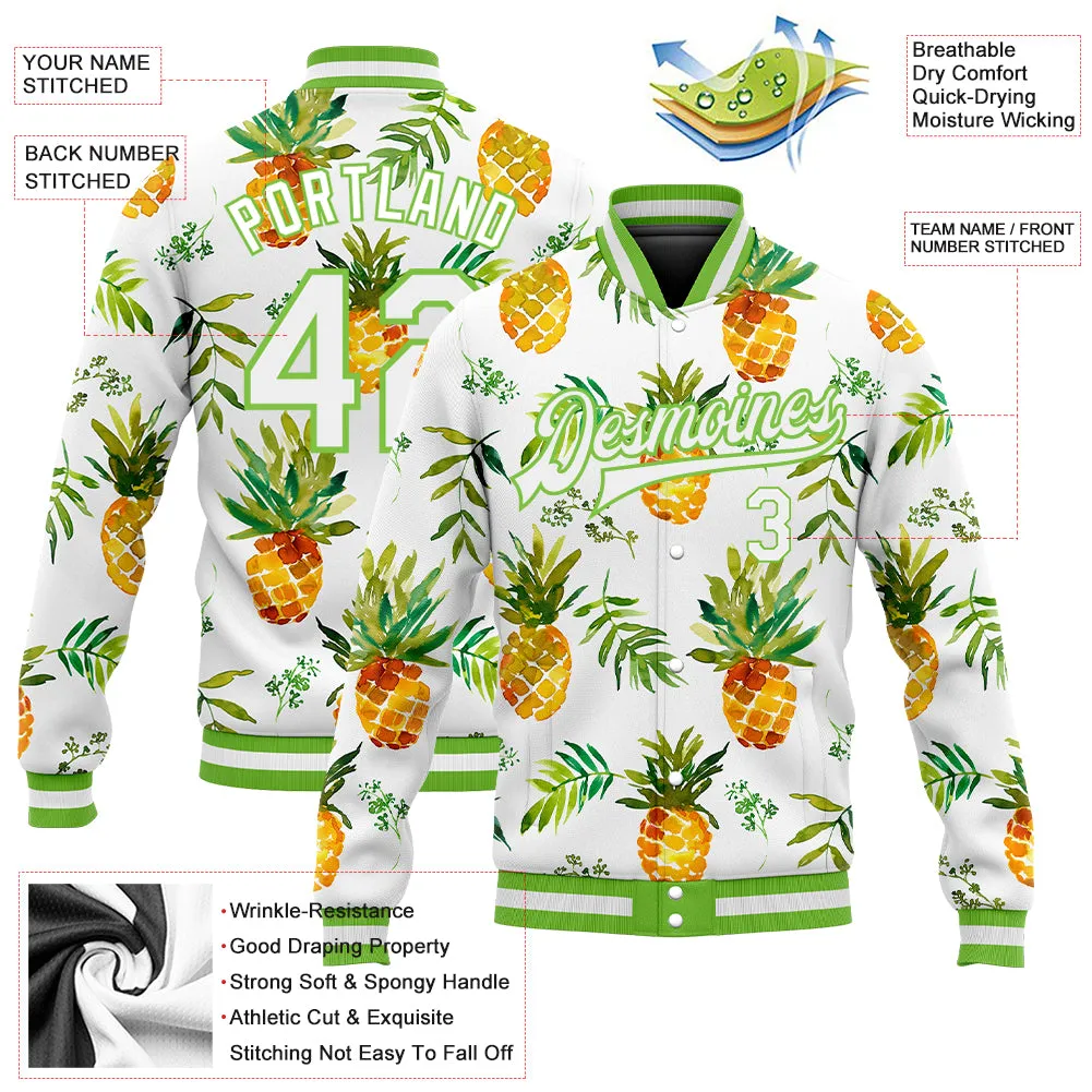 Custom White White-Neon Green Pineapples 3D Pattern Design Bomber Full-Snap Varsity Letterman Jacket