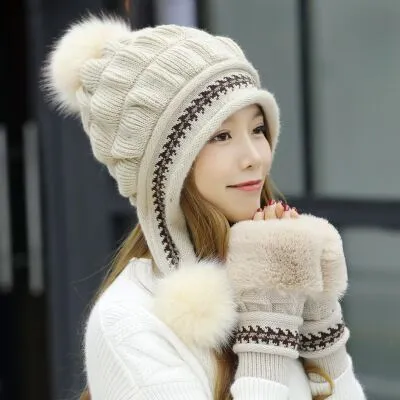 Cute Warm Gloves & Casual Warm Knitted Winter Beanie