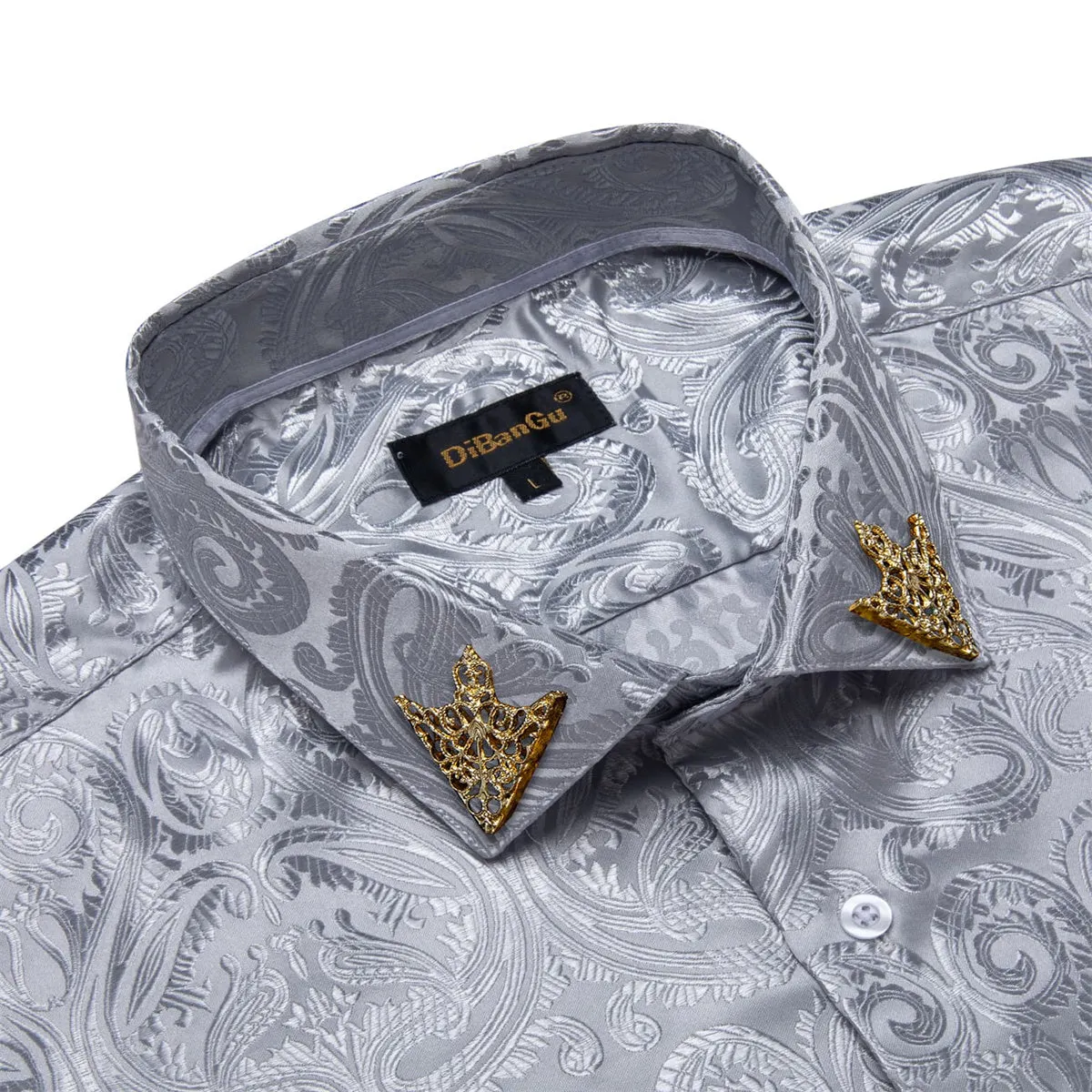 DiBanGu Shirt for Men Manatee Grey Paisley Long Sleeve Silk Button Up Dress Work Shirt