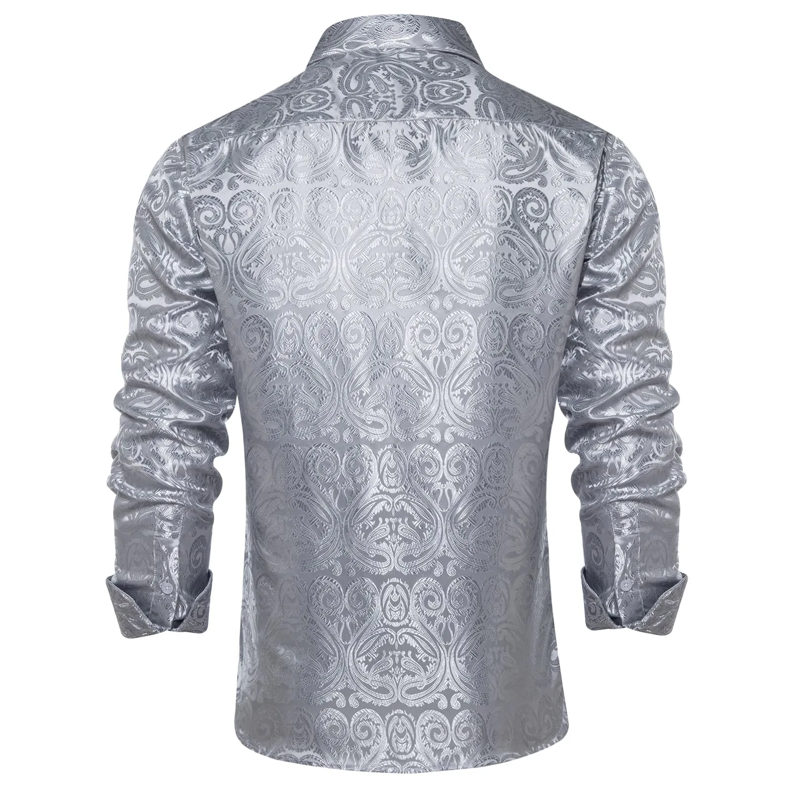 DiBanGu Shirt for Men Manatee Grey Paisley Long Sleeve Silk Button Up Dress Work Shirt