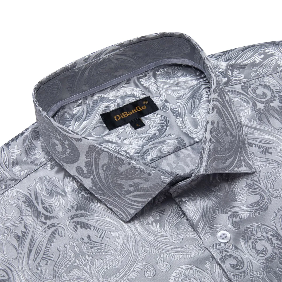 DiBanGu Shirt for Men Manatee Grey Paisley Long Sleeve Silk Button Up Dress Work Shirt