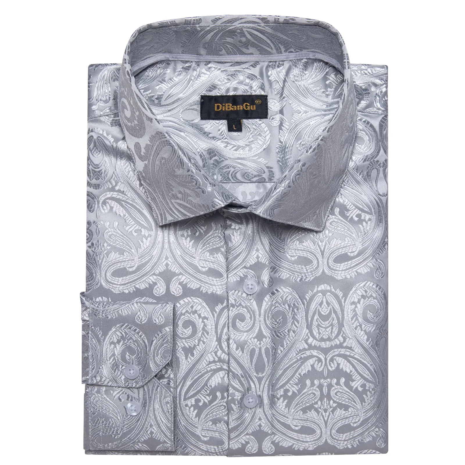 DiBanGu Shirt for Men Manatee Grey Paisley Long Sleeve Silk Button Up Dress Work Shirt