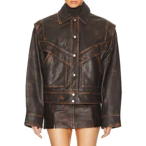 Distressed Brown Leather Jacket for Women