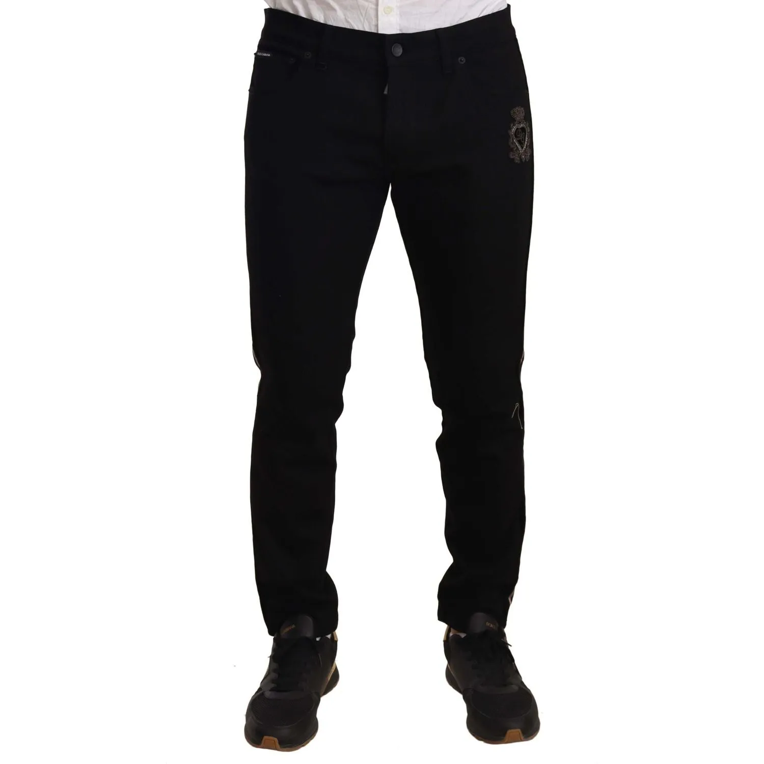 Dolce & Gabbana Heraldic Embroidered Slim Fit Black Jeans