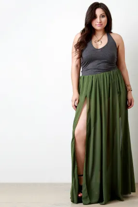 Double Slit High Waisted Chiffon Maxi Skirt