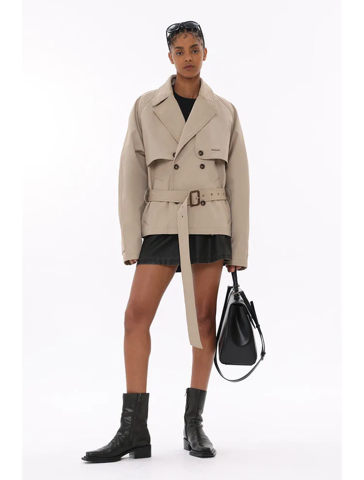 Drop shoulder silhouette Maillard style lapel short trench coat