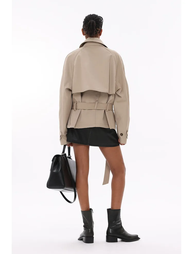 Drop shoulder silhouette Maillard style lapel short trench coat