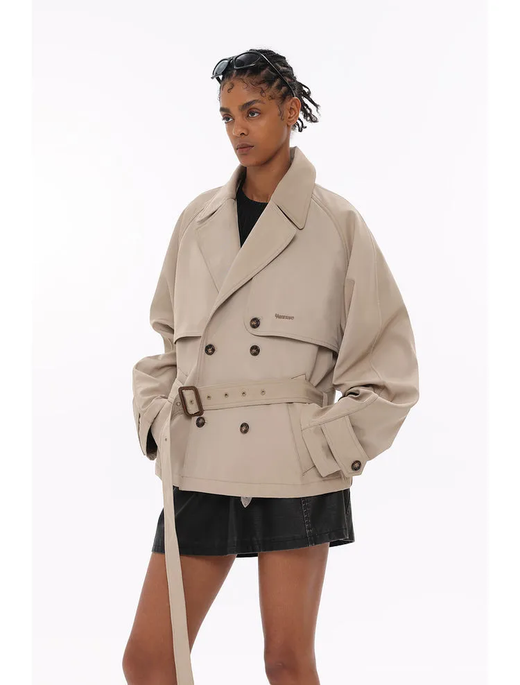 Drop shoulder silhouette Maillard style lapel short trench coat