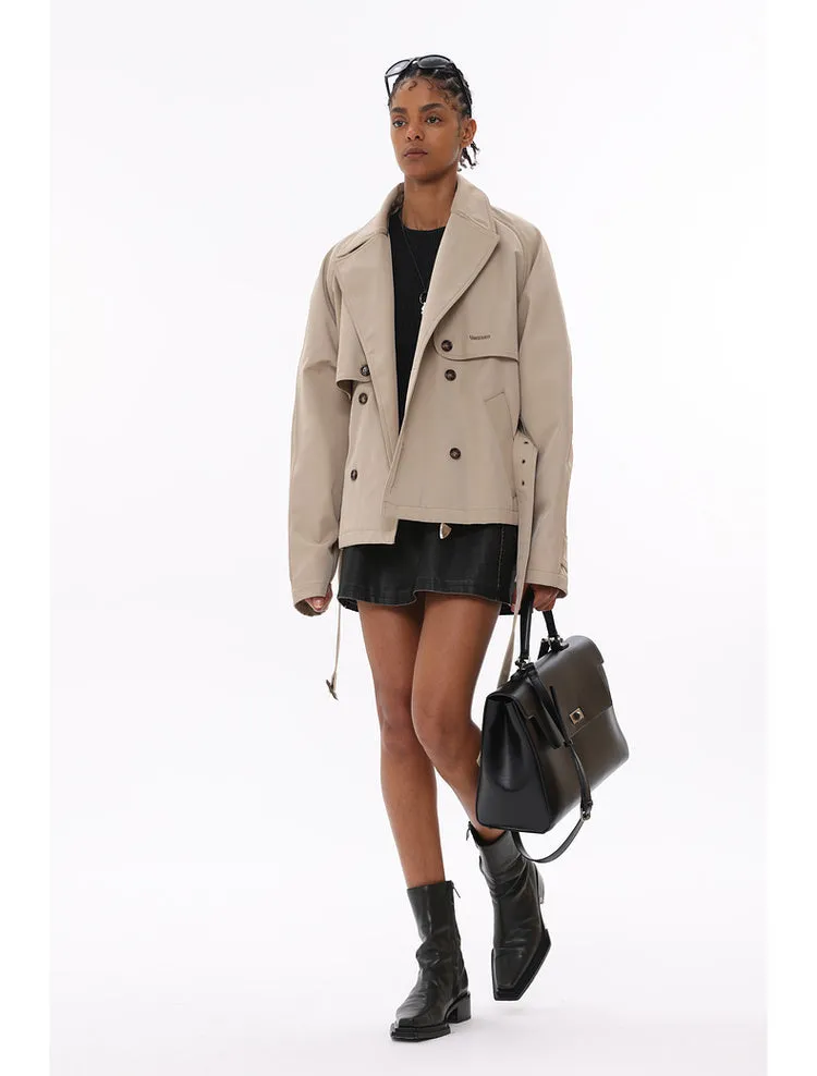 Drop shoulder silhouette Maillard style lapel short trench coat