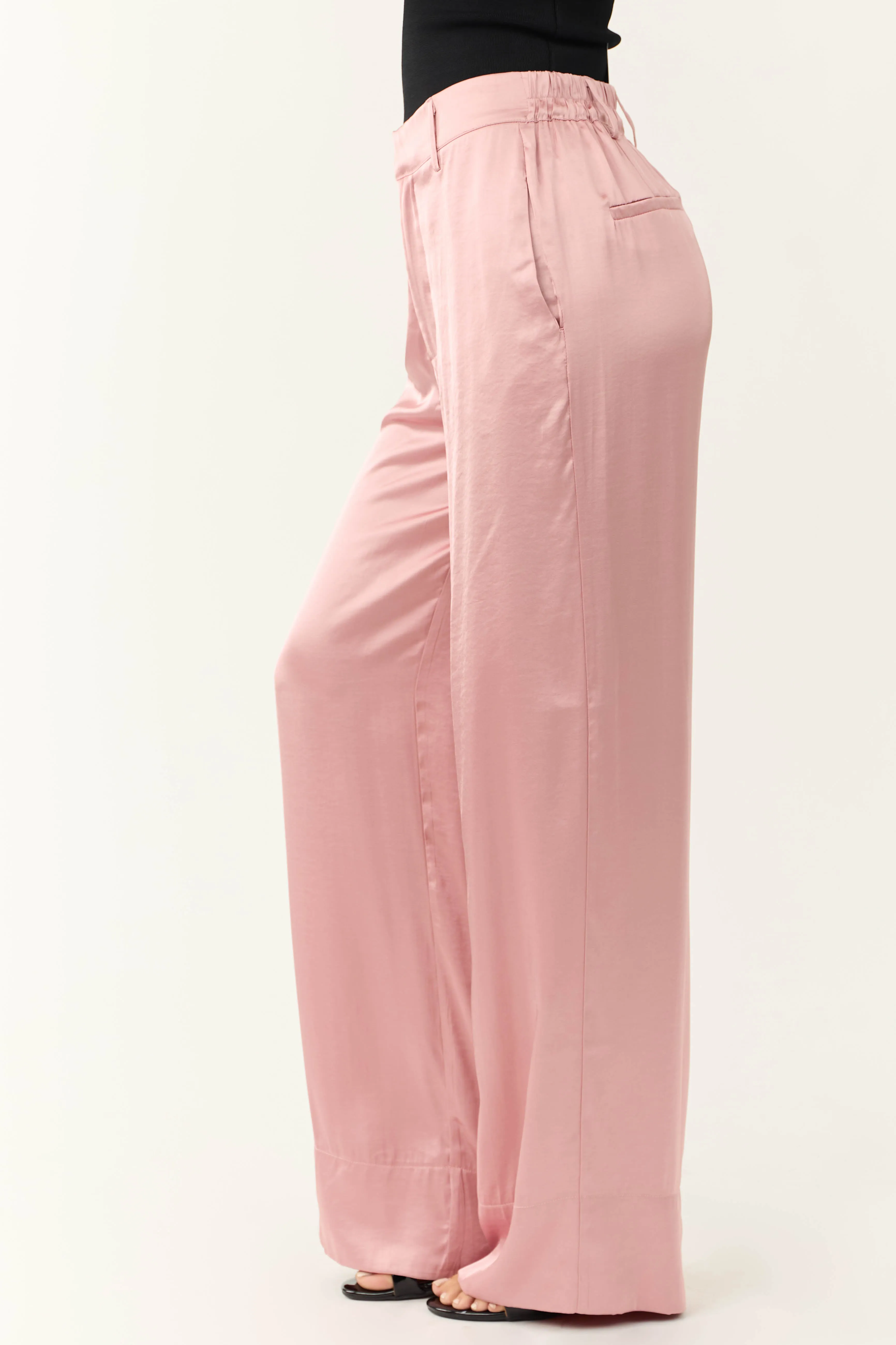 Dusty Blush Satin High Waist Wide Leg Pants