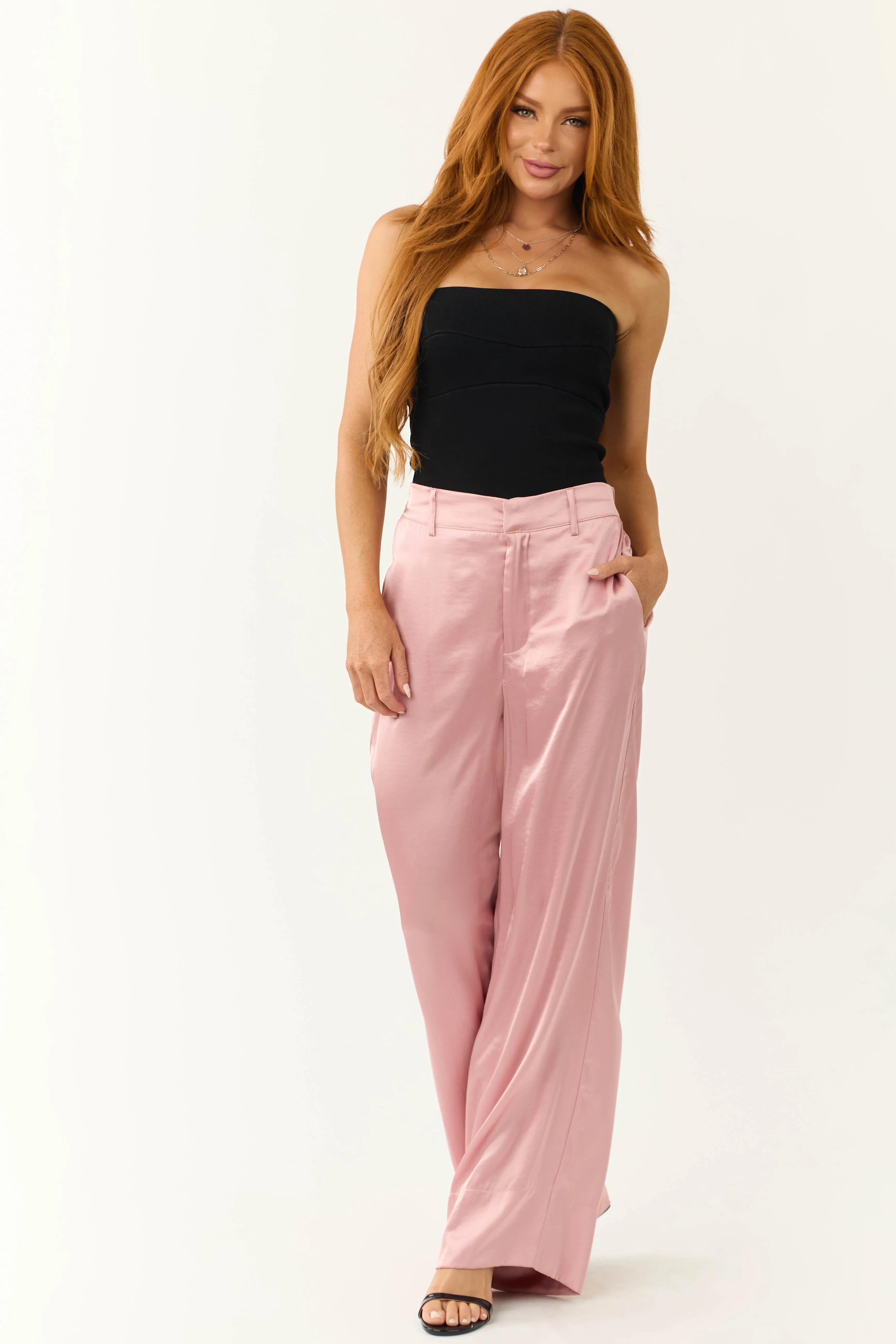 Dusty Blush Satin High Waist Wide Leg Pants