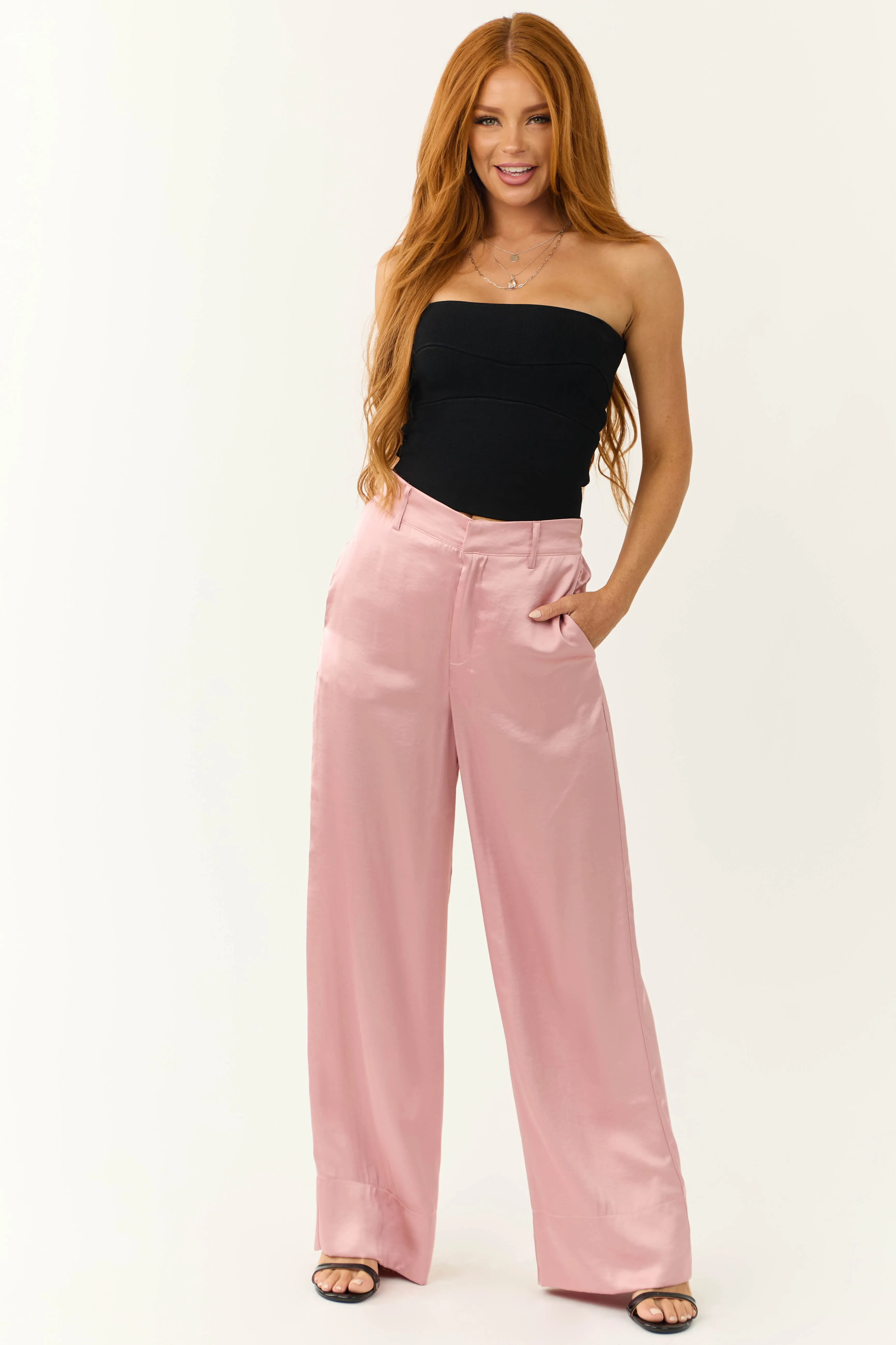 Dusty Blush Satin High Waist Wide Leg Pants