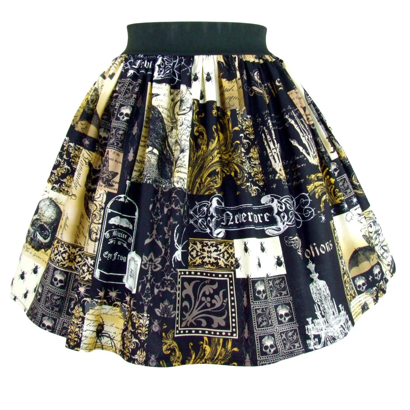 Elastic Waist Pleated Skirt in Edgar Allan Poe Print by Hemet