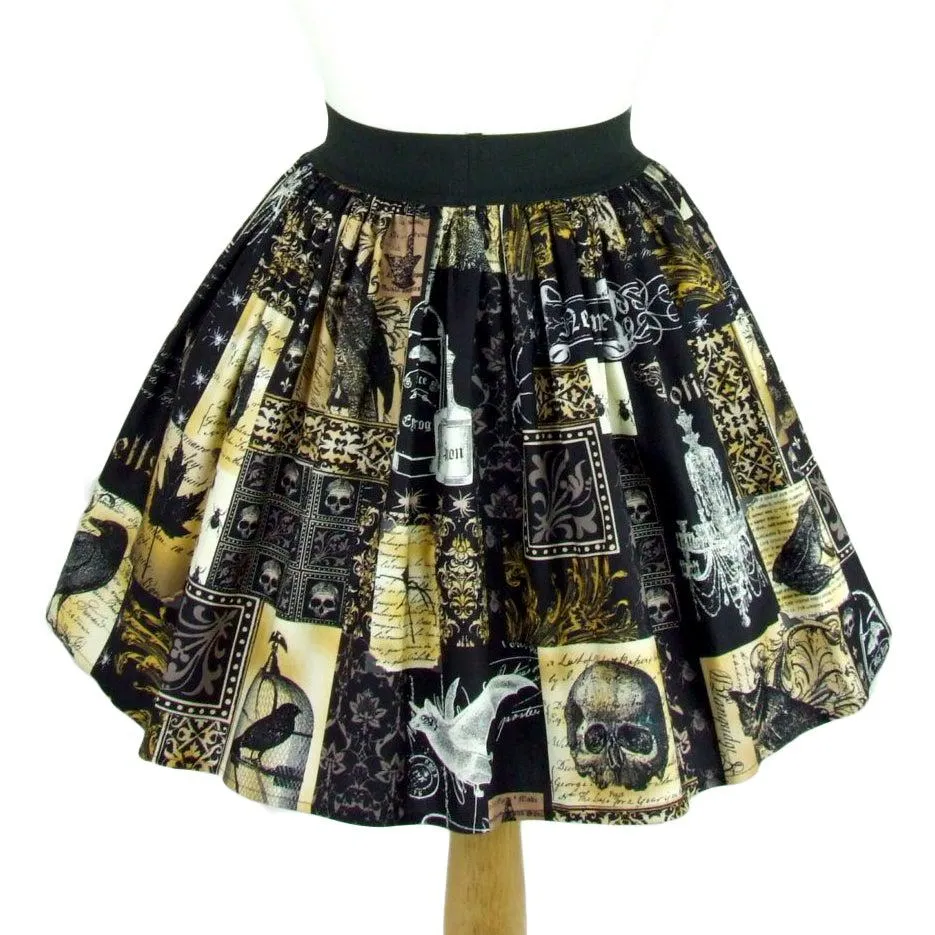 Elastic Waist Pleated Skirt in Edgar Allan Poe Print by Hemet