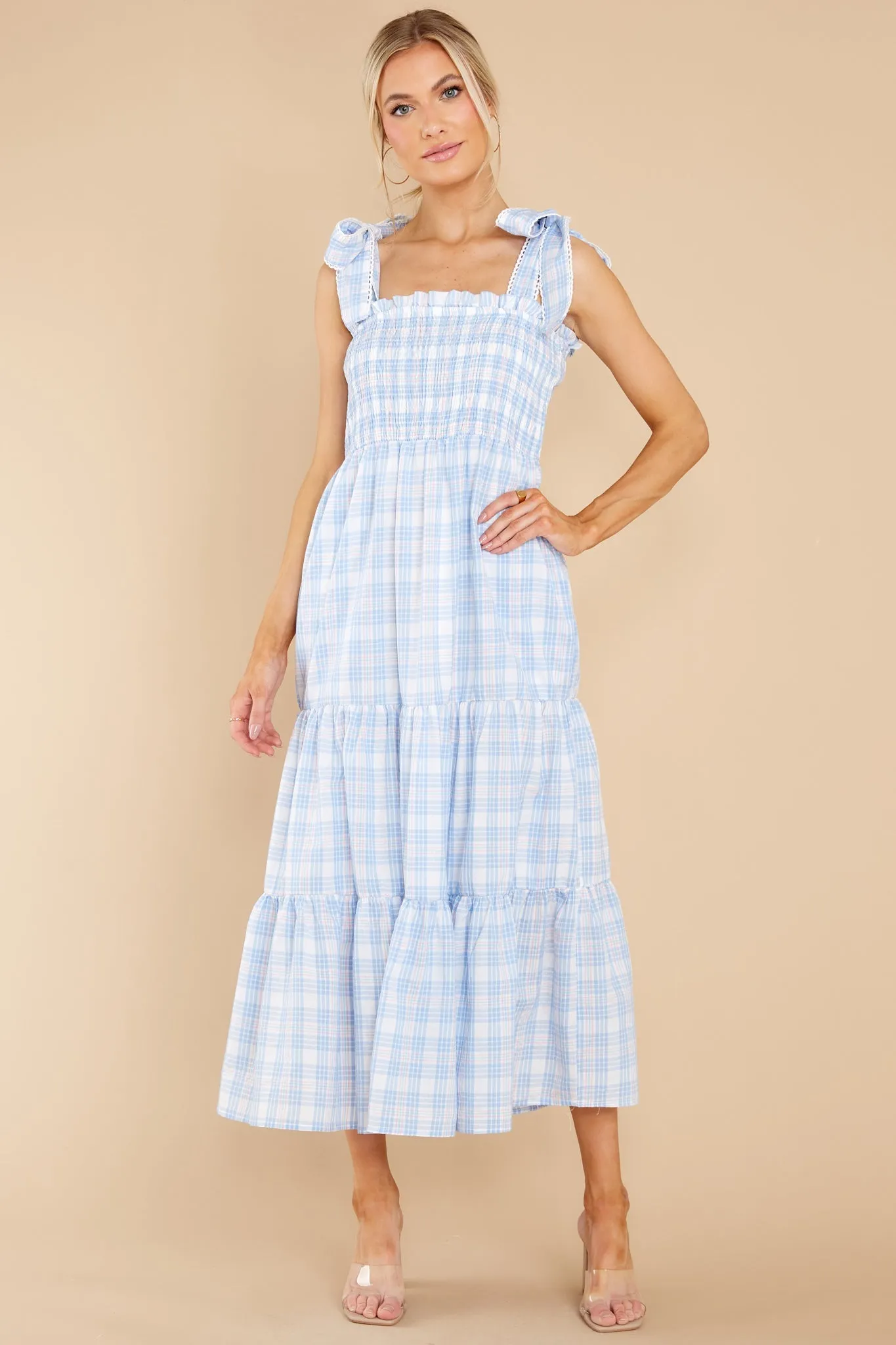 Elegant Darling Light Blue Gingham Cotton Maxi Dress