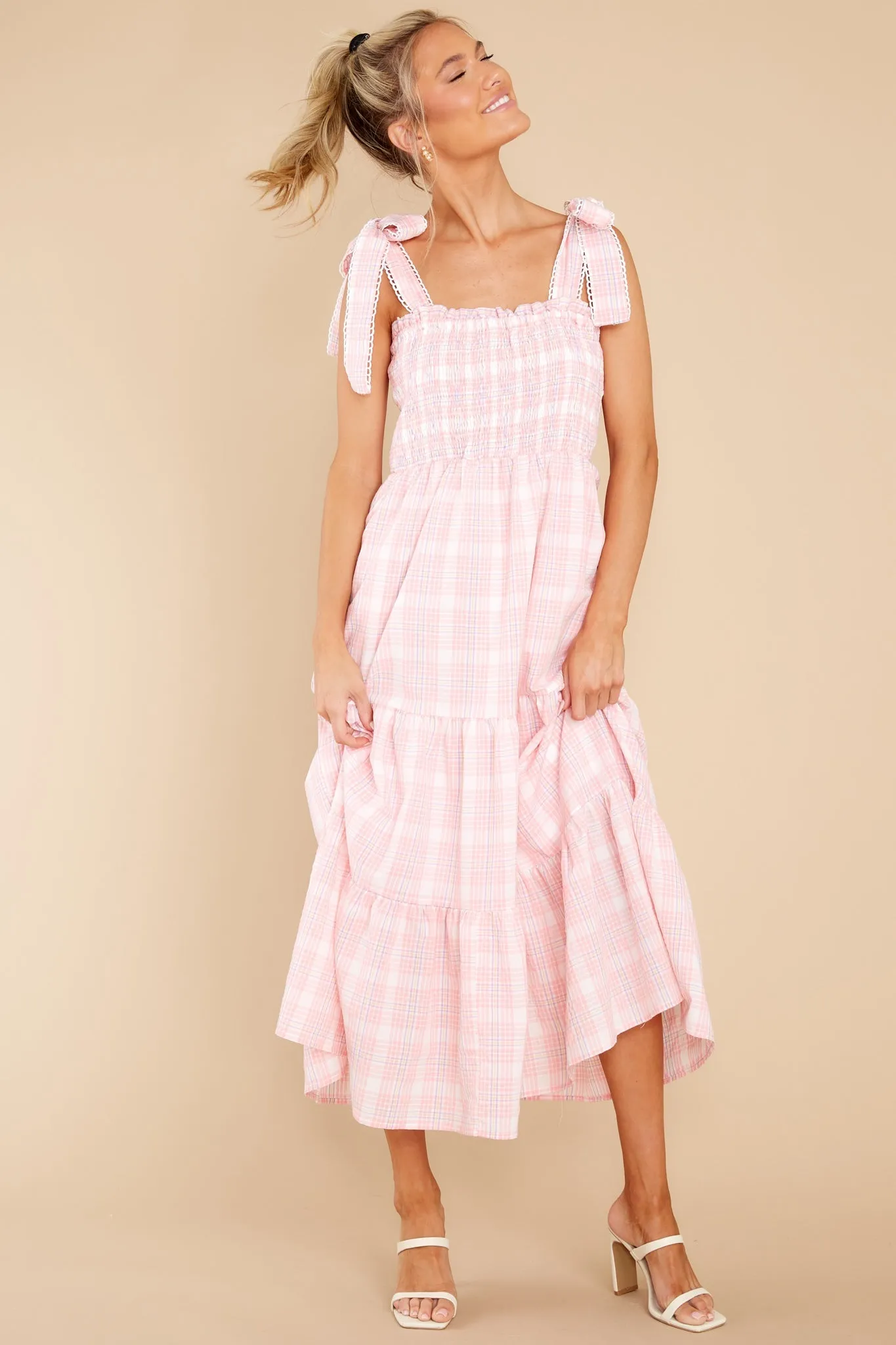 Elegant Darling Light Pink Gingham Cotton Maxi Dress