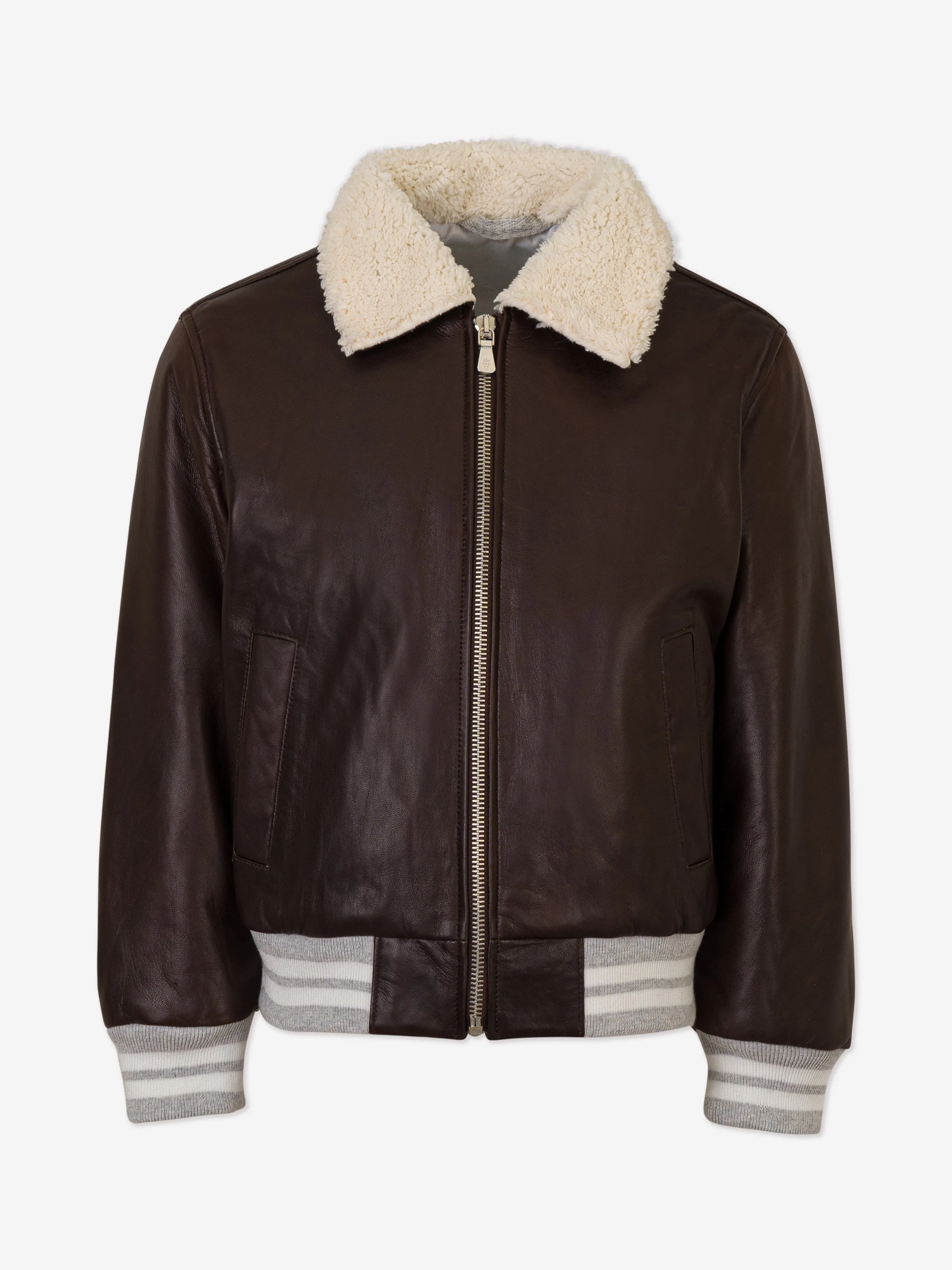 Eleventy Boys Leather Aviator Jacket in Brown