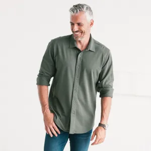 Essential Spread Collar Casual Knit Shirt - Olive Green Cotton Knit Pique