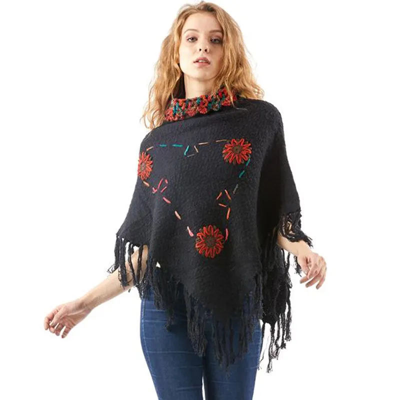 Fashion Women Poncho Embroidery Shawls Knit Sweater Sleeveless Cloak