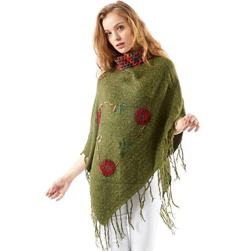 Fashion Women Poncho Embroidery Shawls Knit Sweater Sleeveless Cloak