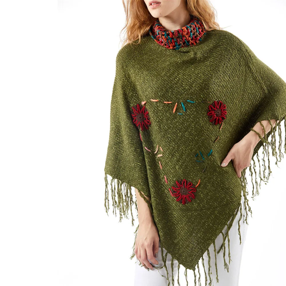 Fashion Women Poncho Embroidery Shawls Knit Sweater Sleeveless Cloak