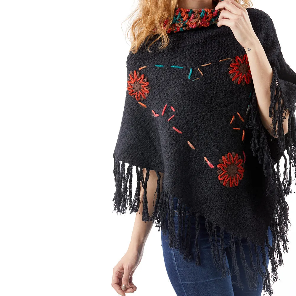 Fashion Women Poncho Embroidery Shawls Knit Sweater Sleeveless Cloak