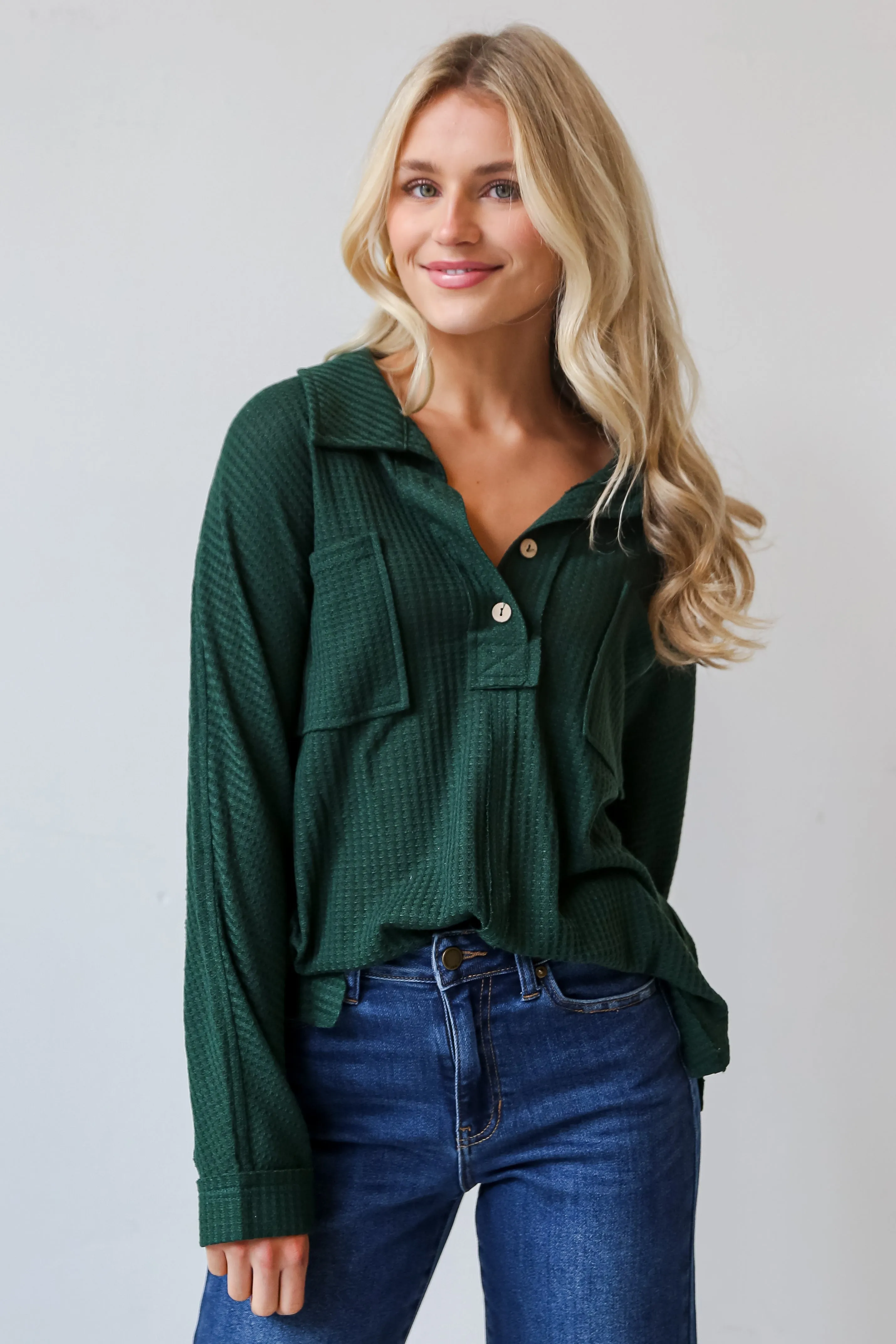 FINAL SALE - Always Together Hunter Green Waffle Knit Henley Top - DOORBUSTER