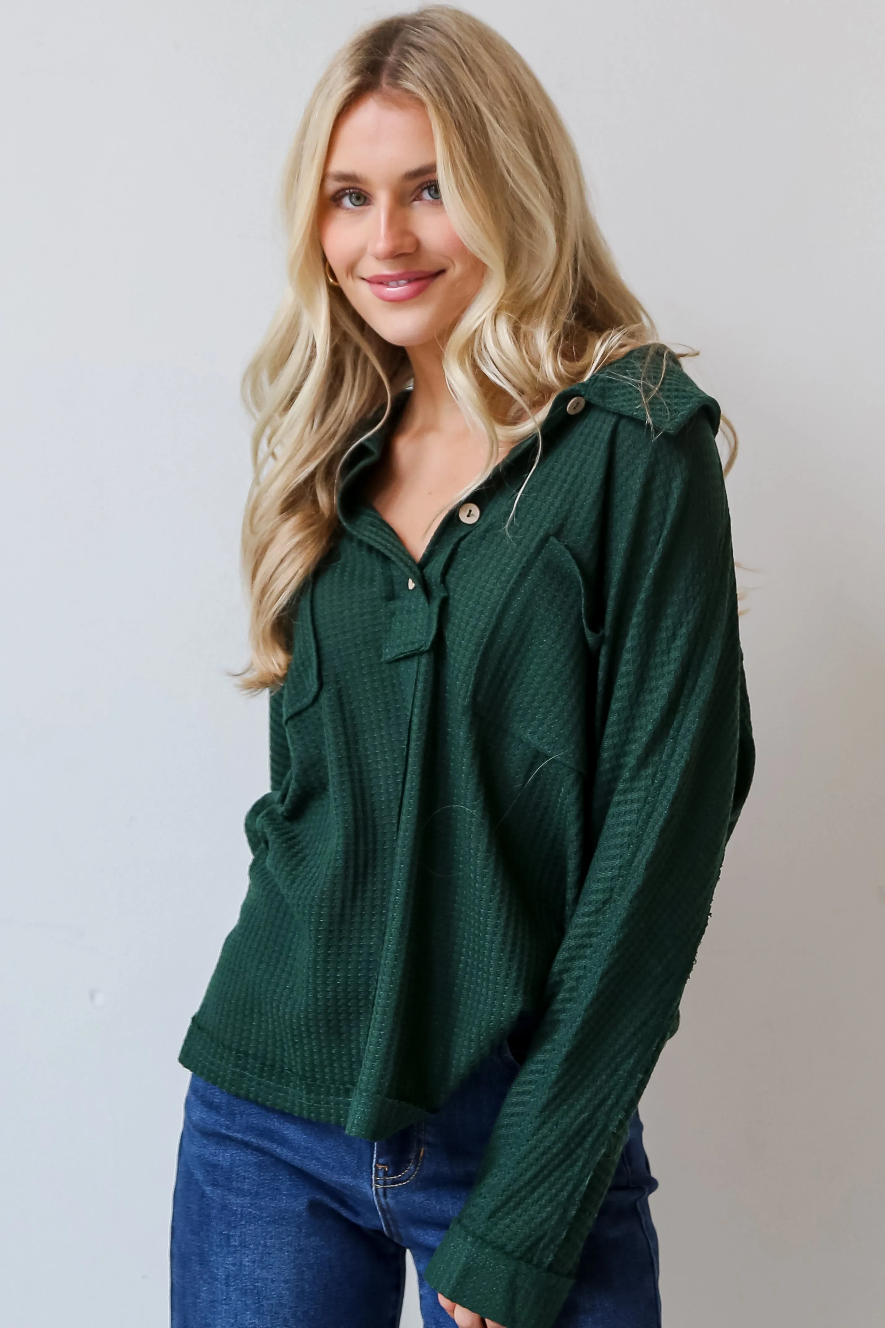 FINAL SALE - Always Together Hunter Green Waffle Knit Henley Top - DOORBUSTER