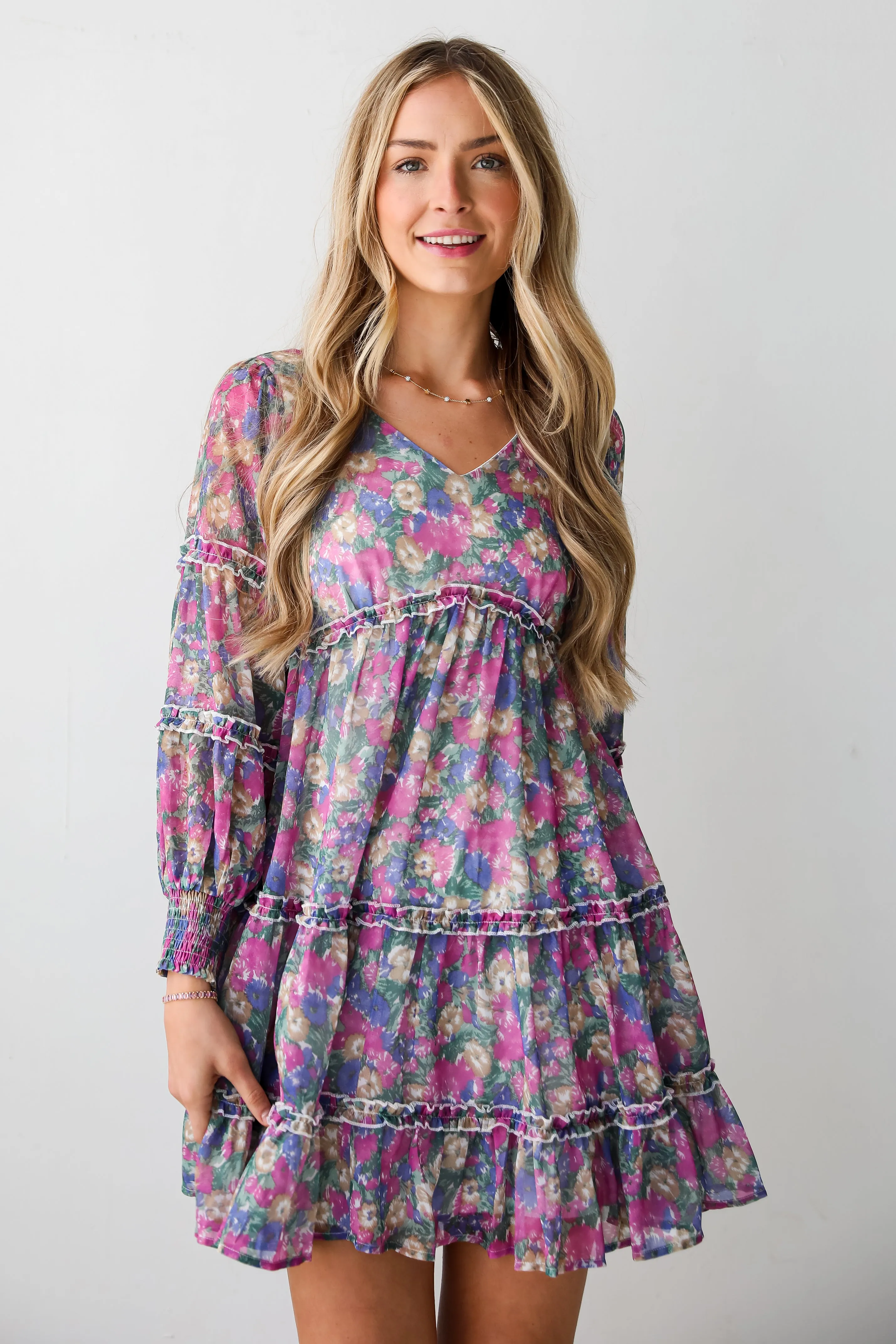 FINAL SALE - Delicate Excellence Magenta Floral Tiered Mini Dress