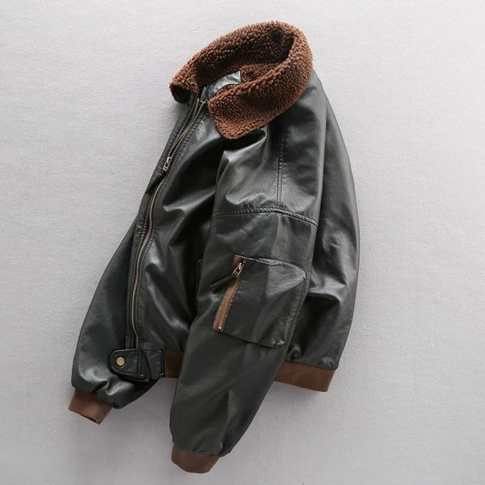 Fleece-Lined Thickened Lamb Warmth Leather Jacket