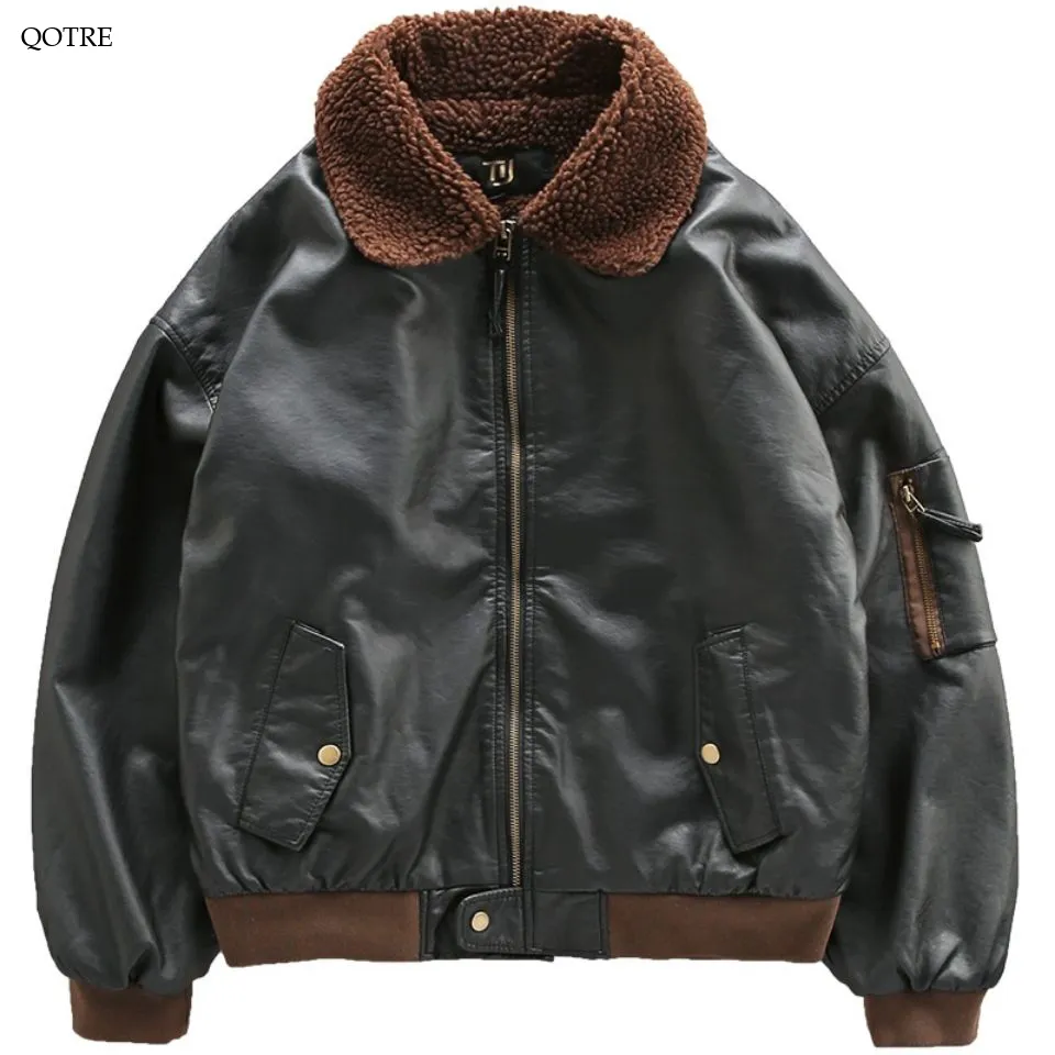 Fleece-Lined Thickened Lamb Warmth Leather Jacket