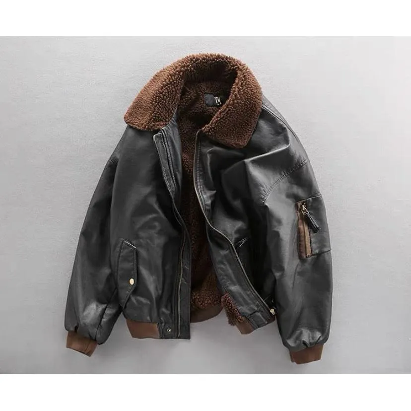 Fleece-Lined Thickened Lamb Warmth Leather Jacket