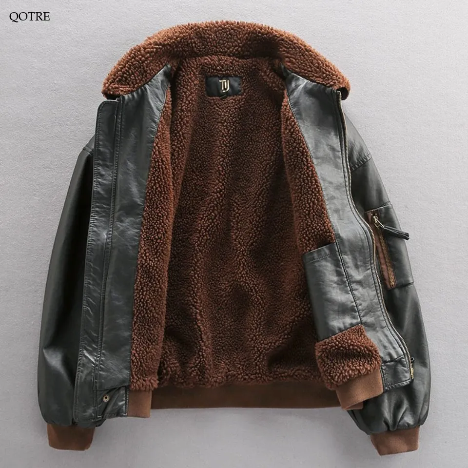 Fleece-Lined Thickened Lamb Warmth Leather Jacket