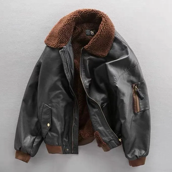 Fleece-Lined Thickened Lamb Warmth Leather Jacket