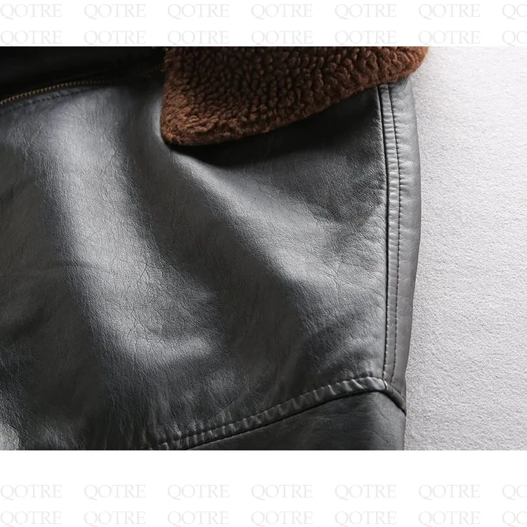 Fleece-Lined Thickened Lamb Warmth Leather Jacket