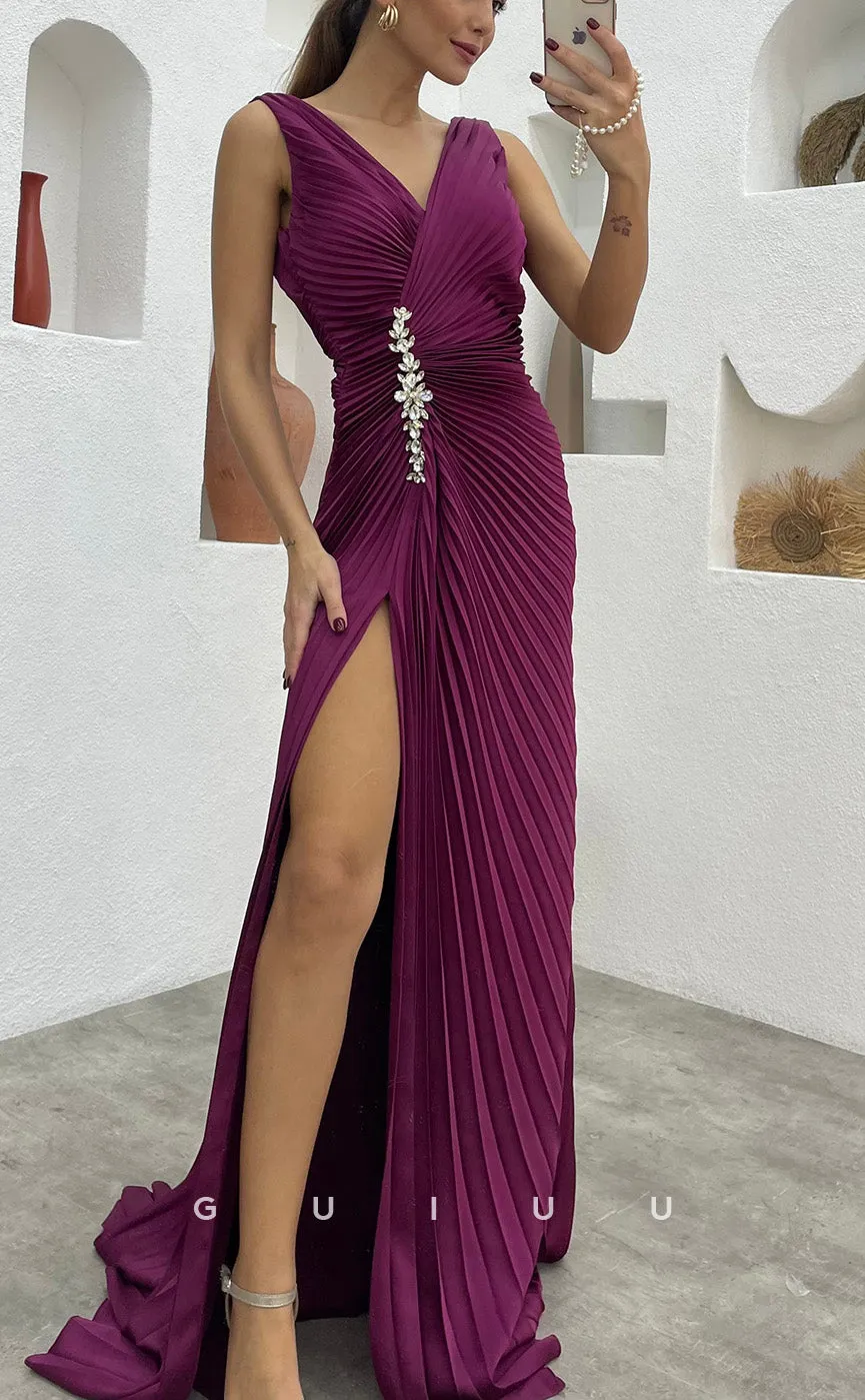 G3489 - Sexy & Hot Sheath V-Neck Straps Draped Beaded High Side Slit Floor-Length Ballgown Prom Dress