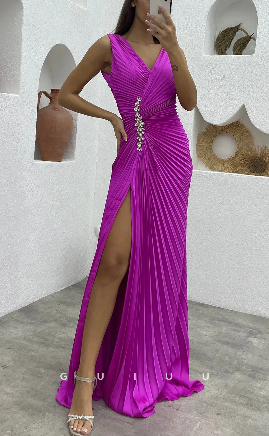 G3489 - Sexy & Hot Sheath V-Neck Straps Draped Beaded High Side Slit Floor-Length Ballgown Prom Dress