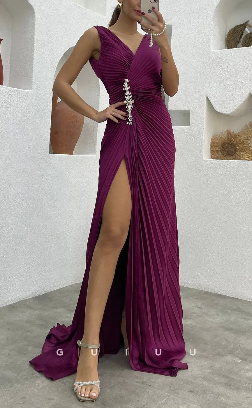 G3489 - Sexy & Hot Sheath V-Neck Straps Draped Beaded High Side Slit Floor-Length Ballgown Prom Dress