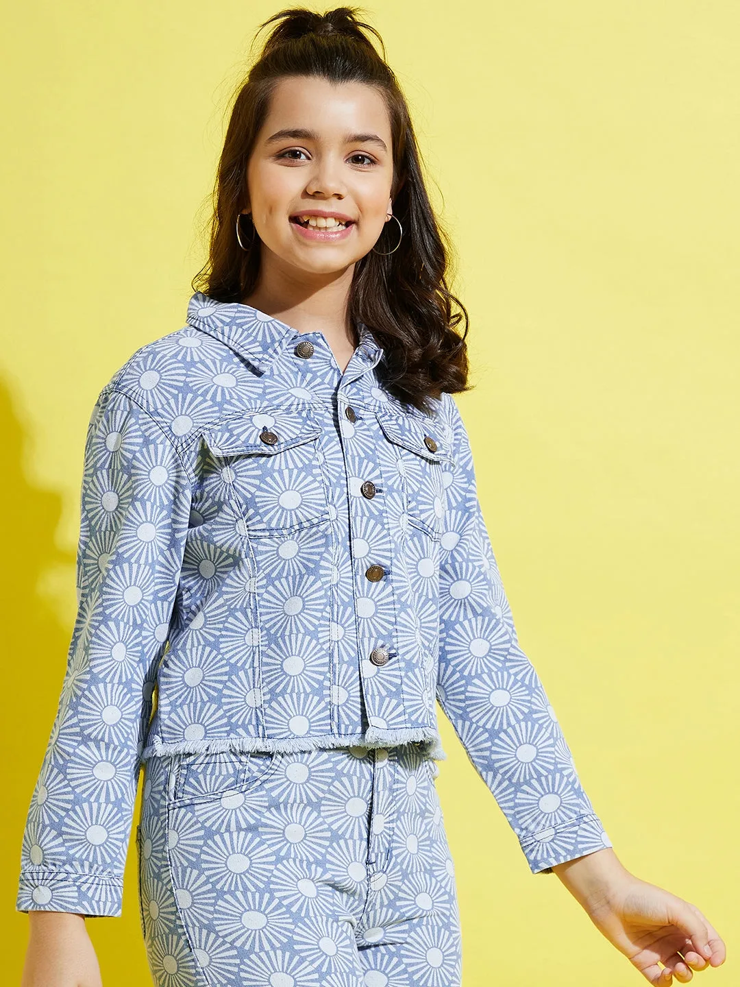 Girls Blue Denim Floral Print Jacket