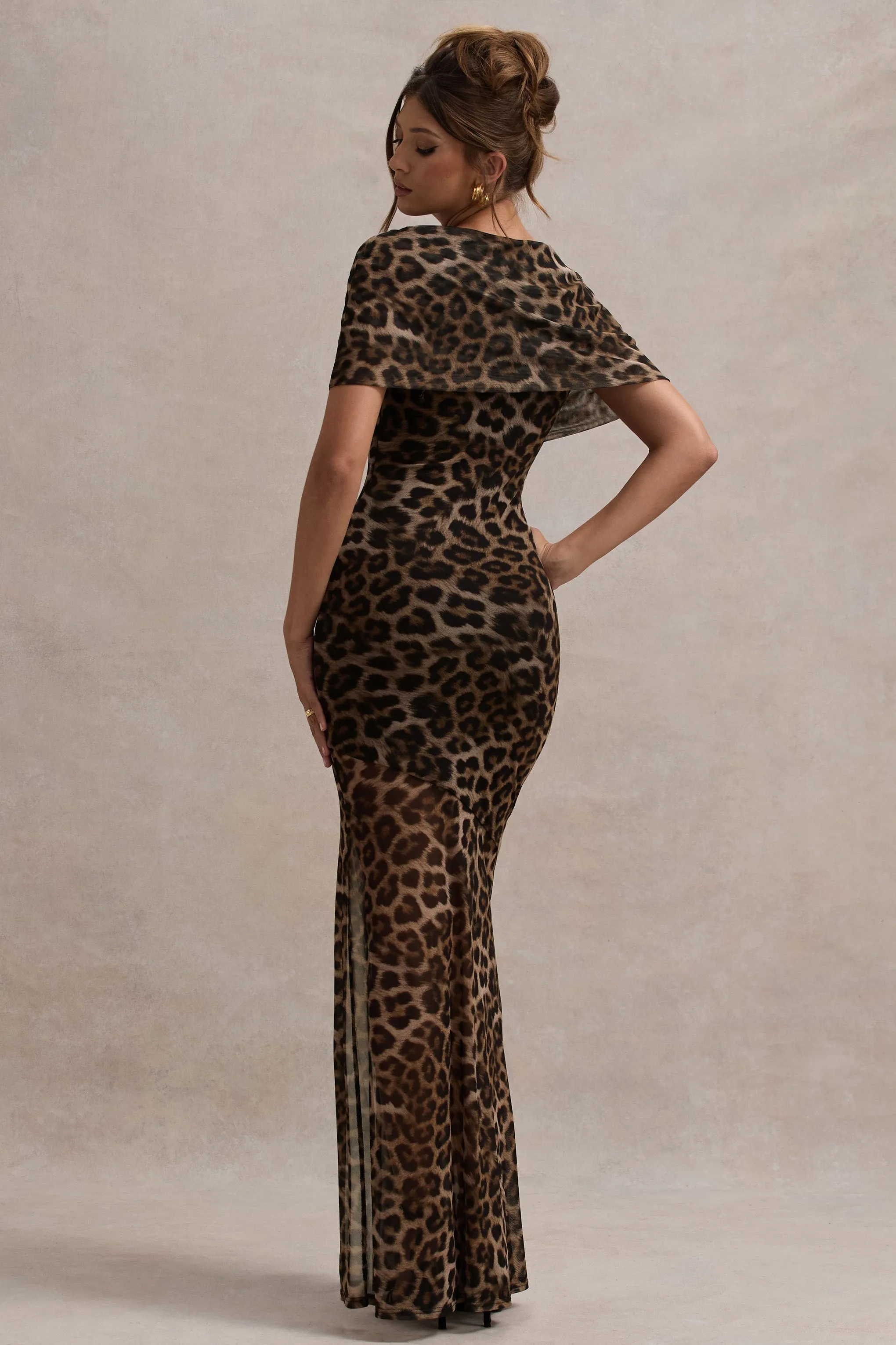 Gomez | Leopard Print Mesh Cowl-Neck Split Maxi Dress