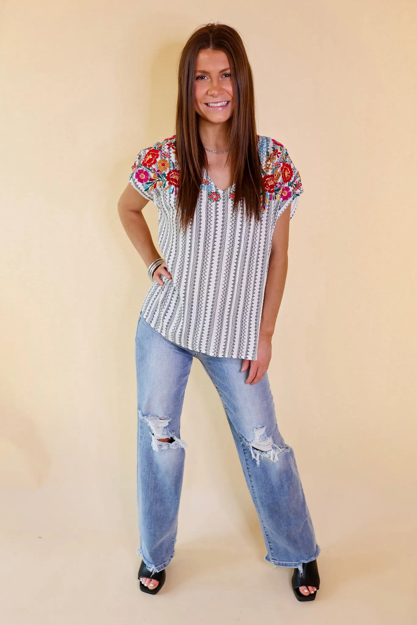 Happy Rush Tribal Stripe V Neck Top with Floral Embroidery in White