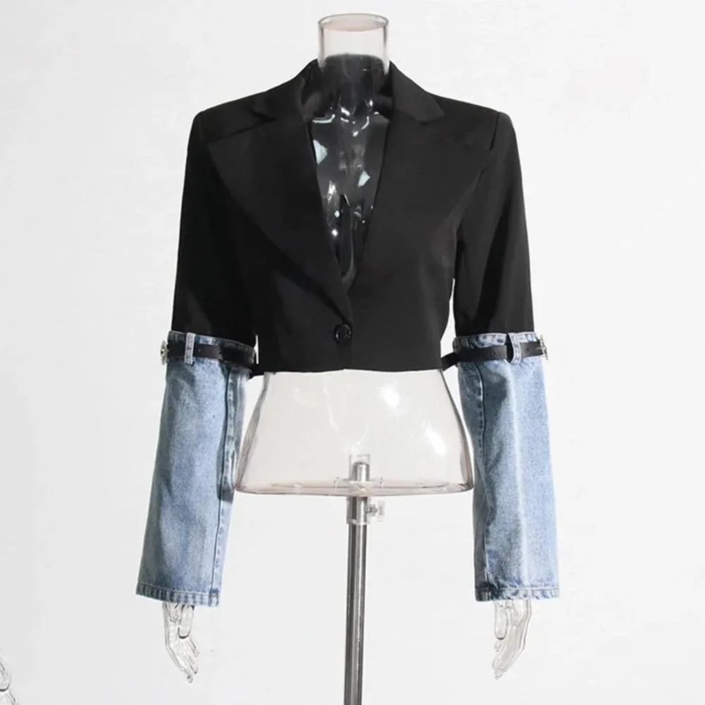 Hit Color Patchwork Denim Casual Jacket For Women Notched Collar Long Sleeve Spliced Belt Short Slimming Coat Female Style