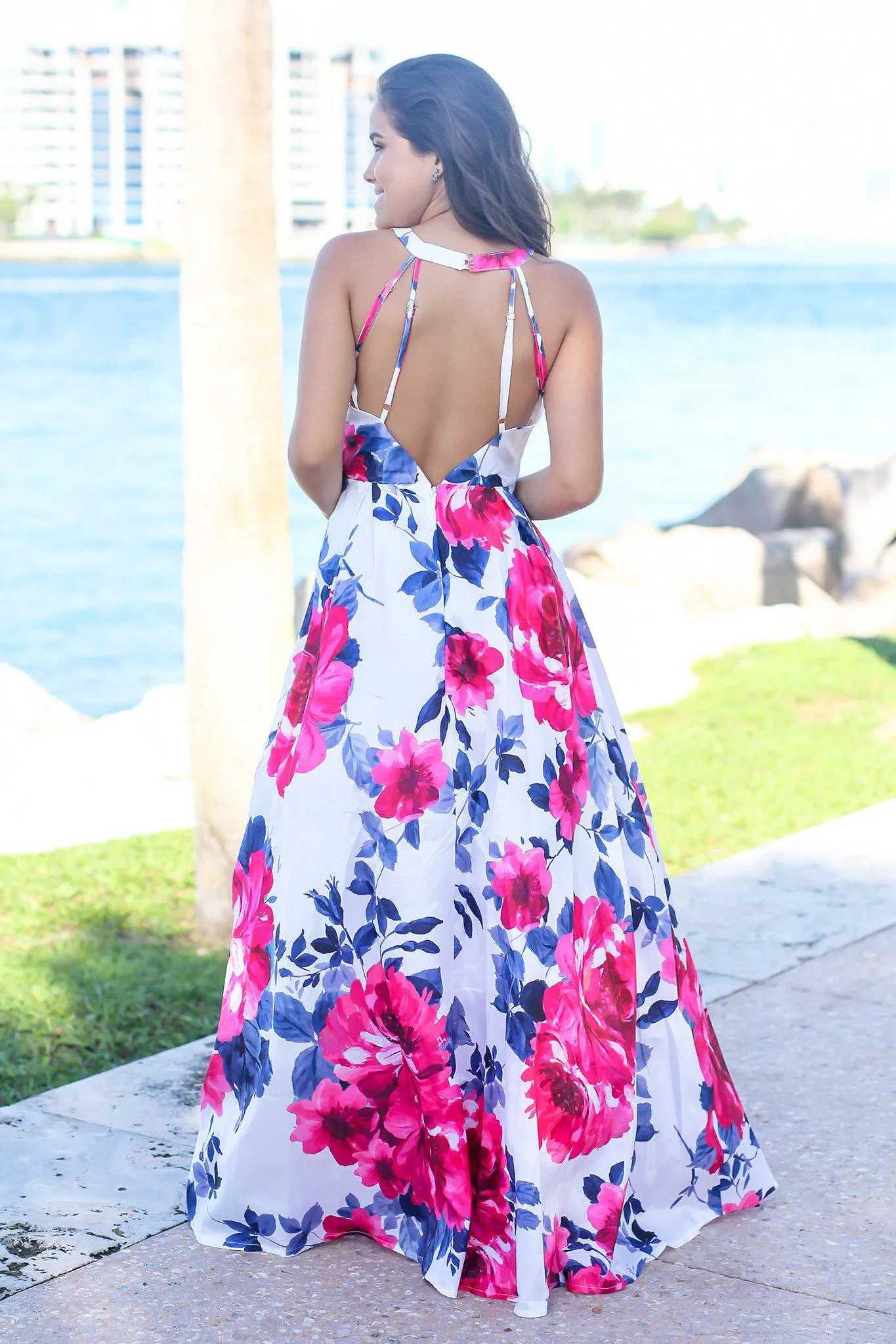 Ivory and Fuchsia Floral Maxi Dress