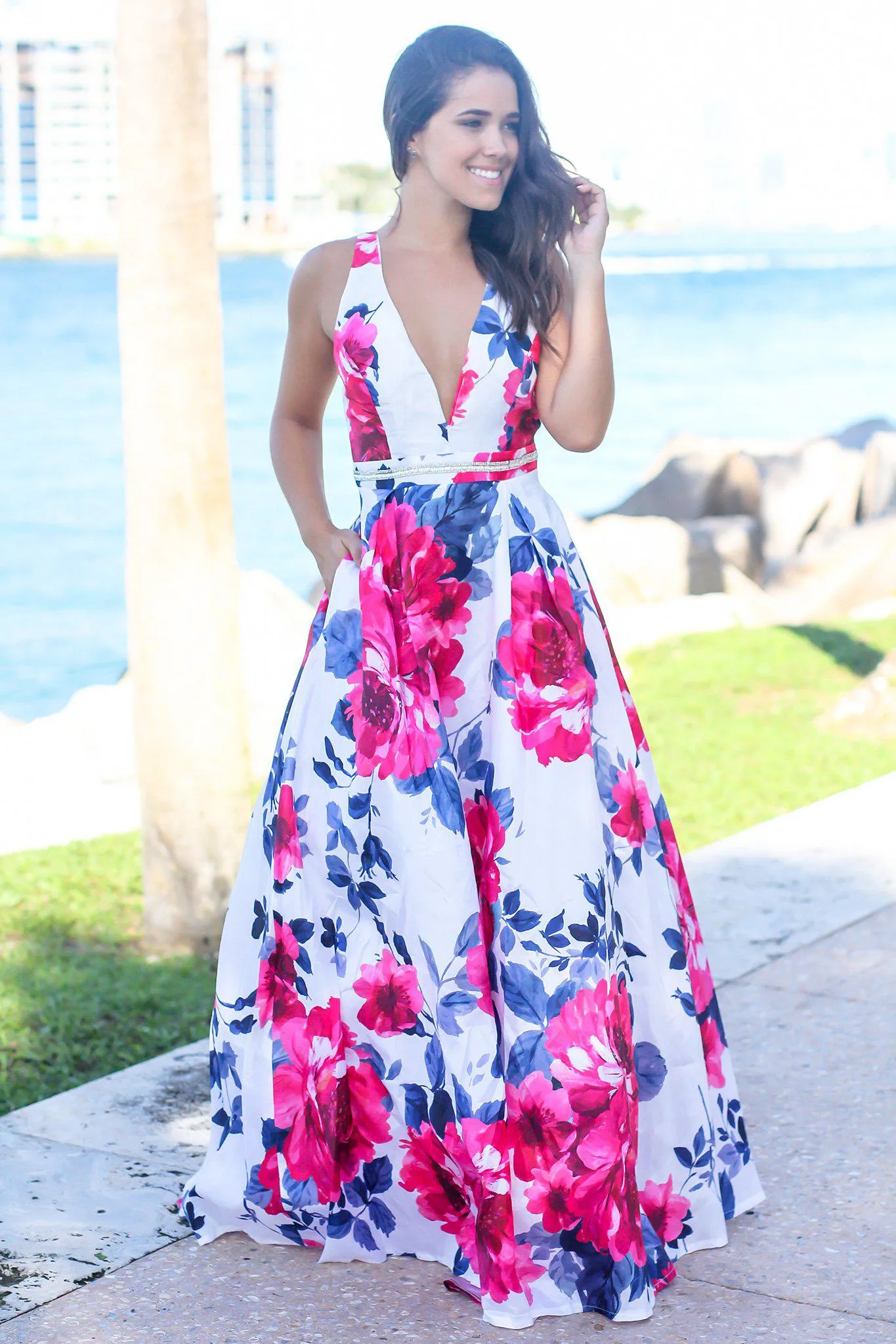 Ivory and Fuchsia Floral Maxi Dress