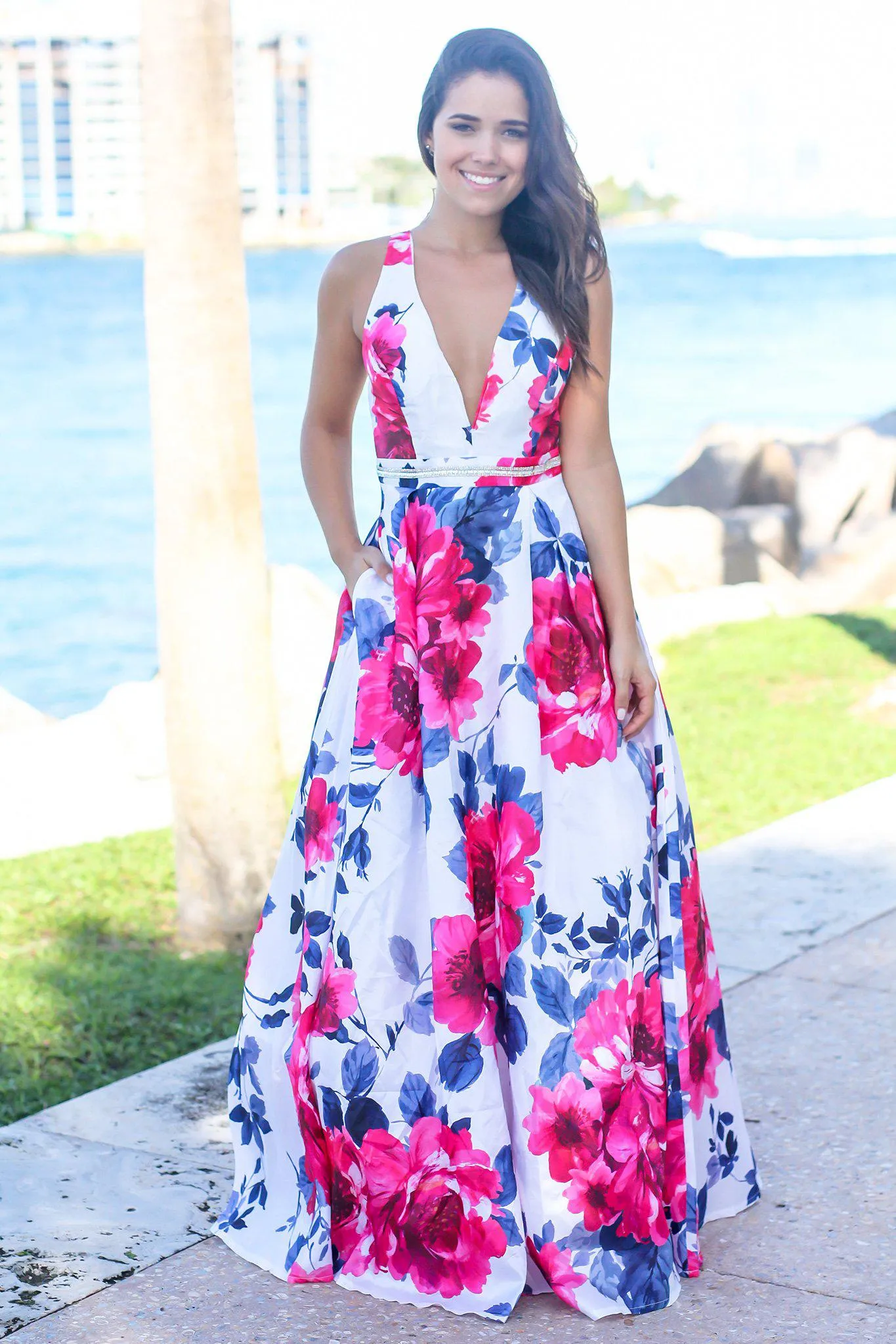 Ivory and Fuchsia Floral Maxi Dress