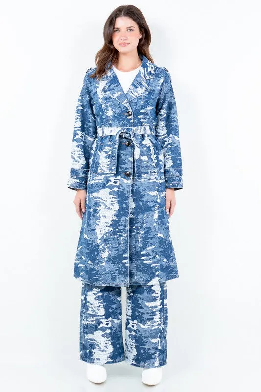 Jacquard Trim Long Trench Coat